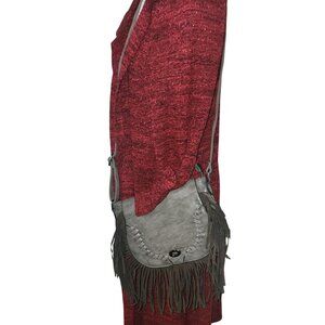 Gray Fringe Crossbody Bag W/ Turn-Lock Closure & Zipper Pockets Faux Leather